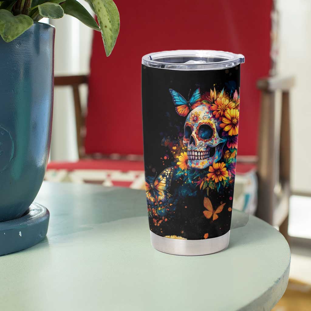 Mexican La Calaca and Marigold Flowers Tumbler Cup Skull Day Of The Dead - Wonder Print Shop
