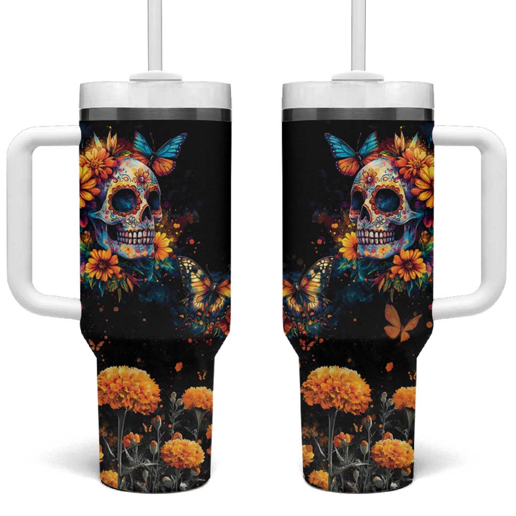 Mexican La Calaca and Marigold Flowers Tumbler With Handle Skull Day Of The Dead - Wonder Print Shop