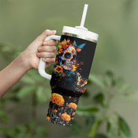 Mexican La Calaca and Marigold Flowers Tumbler With Handle Skull Day Of The Dead - Wonder Print Shop