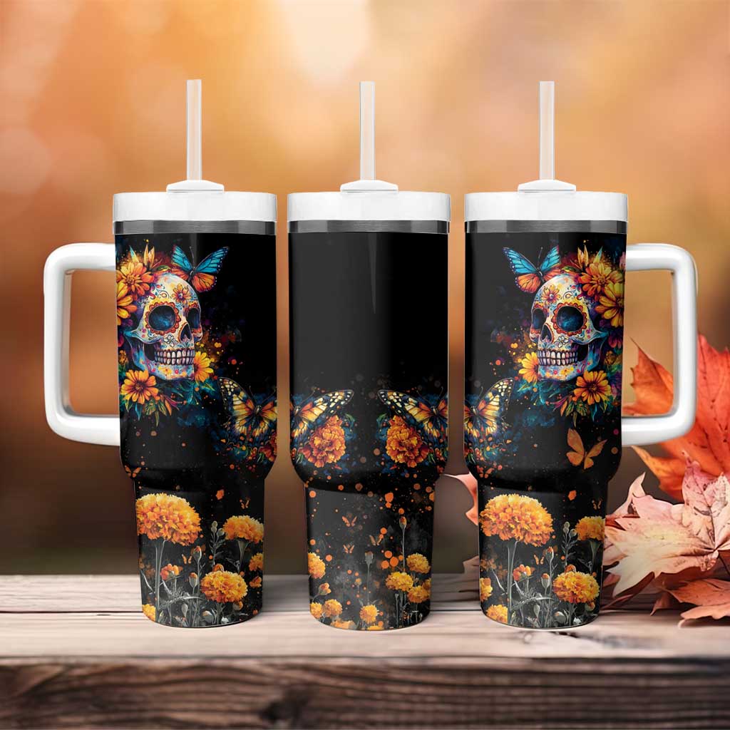 Mexican La Calaca and Marigold Flowers Tumbler With Handle Skull Day Of The Dead - Wonder Print Shop