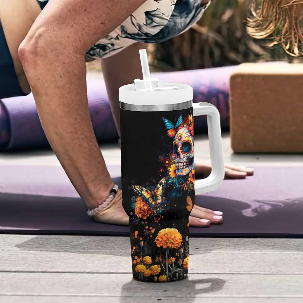 Mexican La Calaca and Marigold Flowers Tumbler With Handle Skull Day Of The Dead - Wonder Print Shop