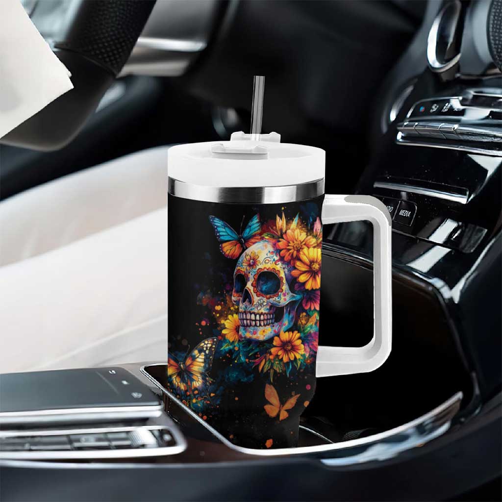 Mexican La Calaca and Marigold Flowers Tumbler With Handle Skull Day Of The Dead - Wonder Print Shop