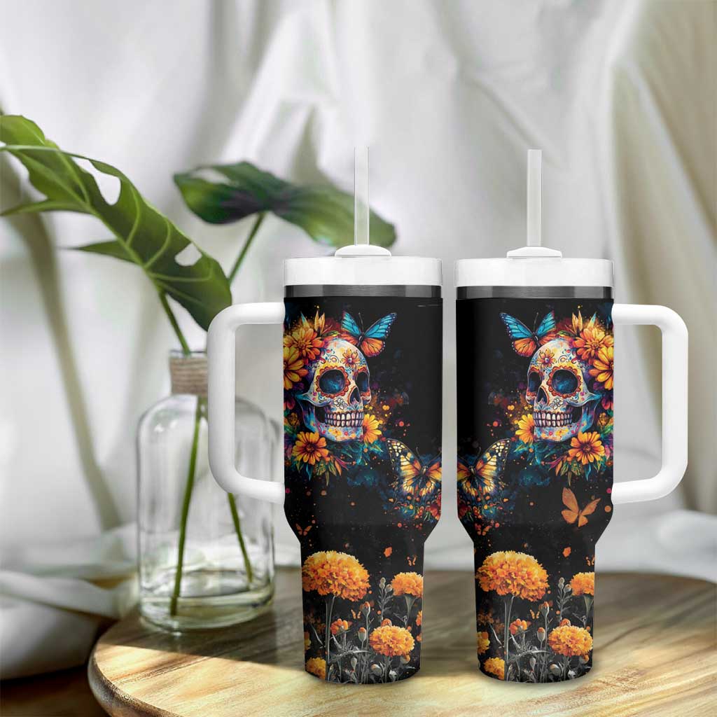 Mexican La Calaca and Marigold Flowers Tumbler With Handle Skull Day Of The Dead - Wonder Print Shop