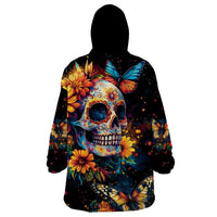 Mexican La Calaca and Marigold Flowers Wearable Blanket Hoodie Skull Day Of The Dead - Wonder Print Shop