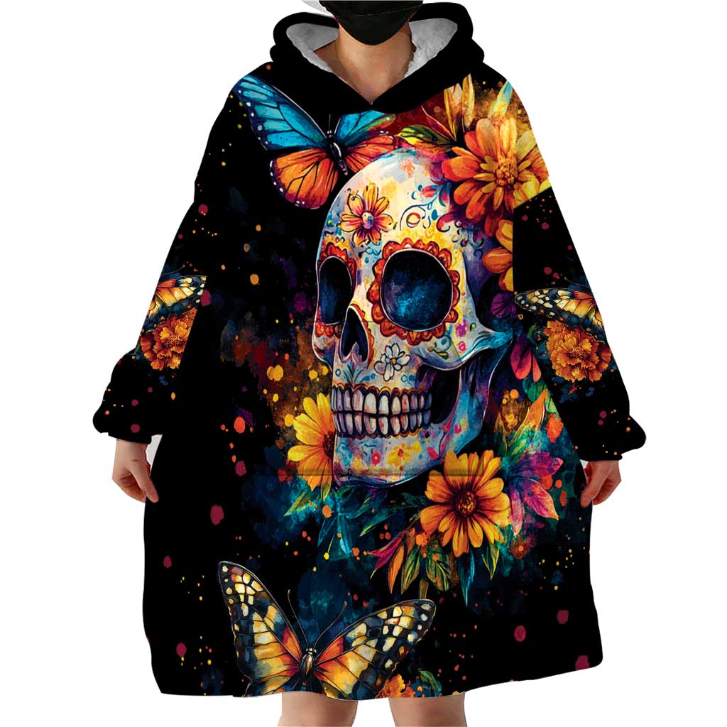 Mexican La Calaca and Marigold Flowers Wearable Blanket Hoodie Skull Day Of The Dead - Wonder Print Shop