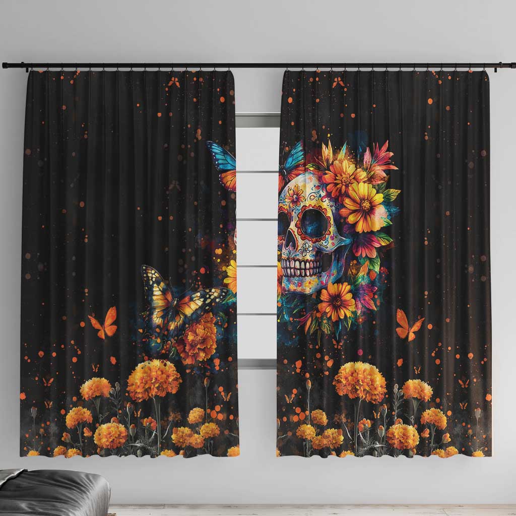 Mexican La Calaca and Marigold Flowers Window Curtain Skull Day Of The Dead - Wonder Print Shop