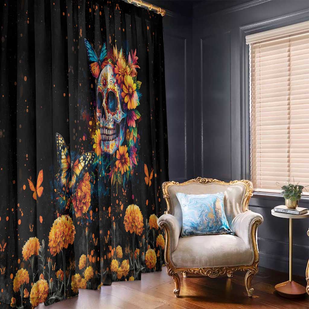 Mexican La Calaca and Marigold Flowers Window Curtain Skull Day Of The Dead - Wonder Print Shop