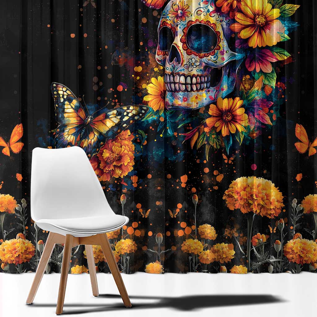 Mexican La Calaca and Marigold Flowers Window Curtain Skull Day Of The Dead - Wonder Print Shop