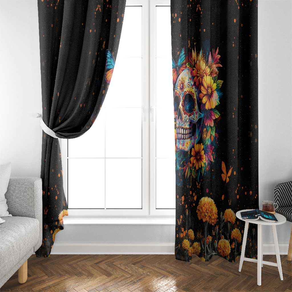 Mexican La Calaca and Marigold Flowers Window Curtain Skull Day Of The Dead - Wonder Print Shop