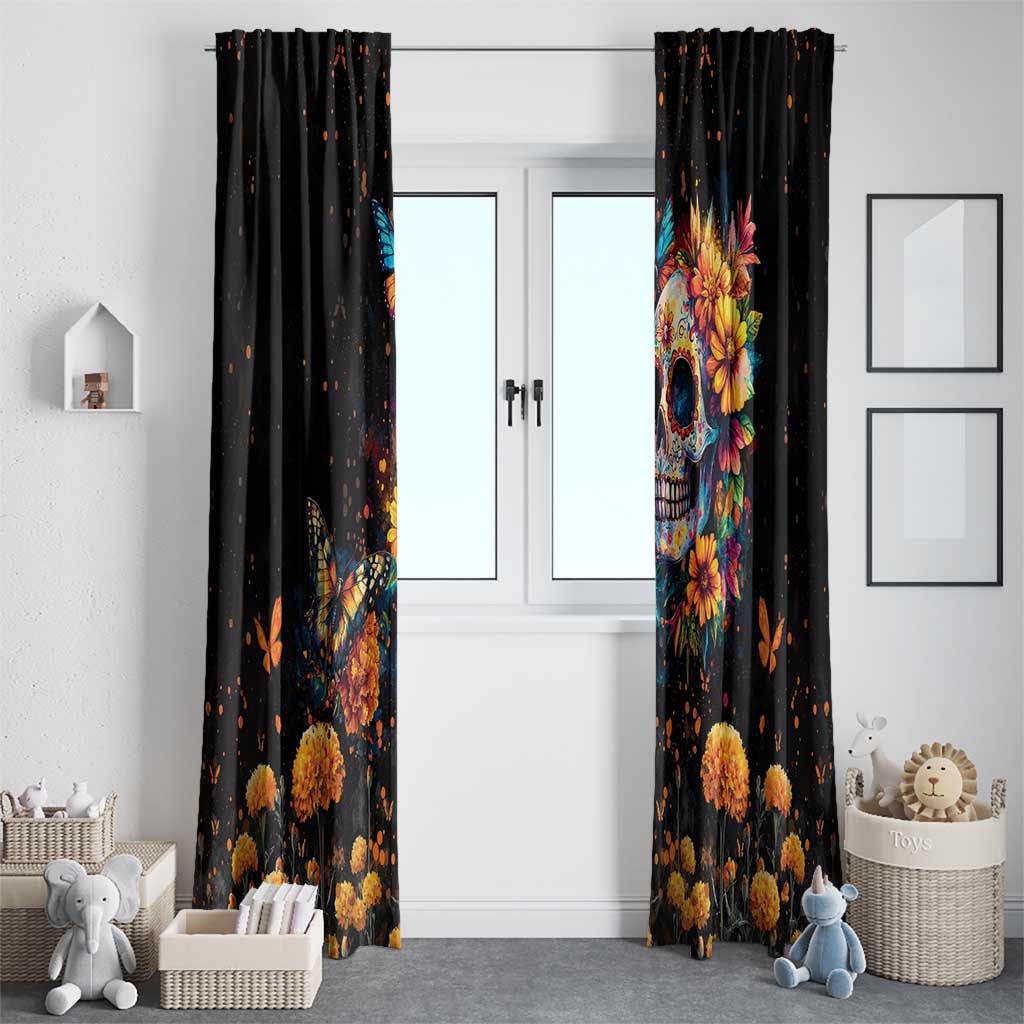 Mexican La Calaca and Marigold Flowers Window Curtain Skull Day Of The Dead - Wonder Print Shop