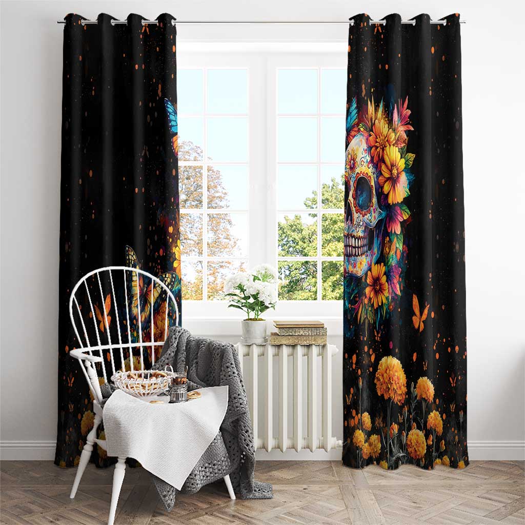 Mexican La Calaca and Marigold Flowers Window Curtain Skull Day Of The Dead - Wonder Print Shop