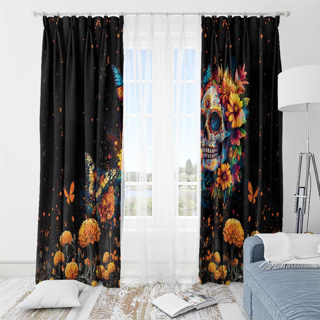 Mexican La Calaca and Marigold Flowers Window Curtain Skull Day Of The Dead - Wonder Print Shop