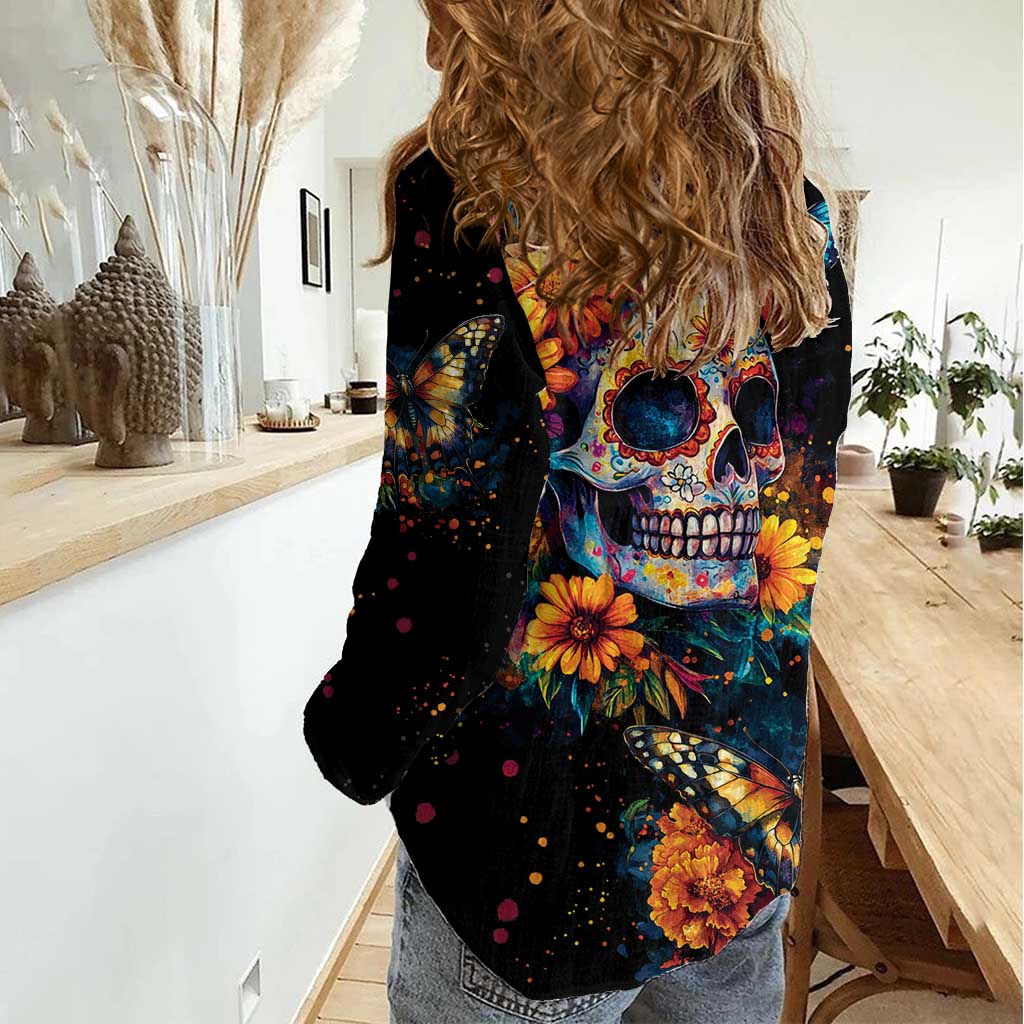 Mexican La Calaca and Marigold Flowers Women Casual Shirt Skull Day Of The Dead - Wonder Print Shop