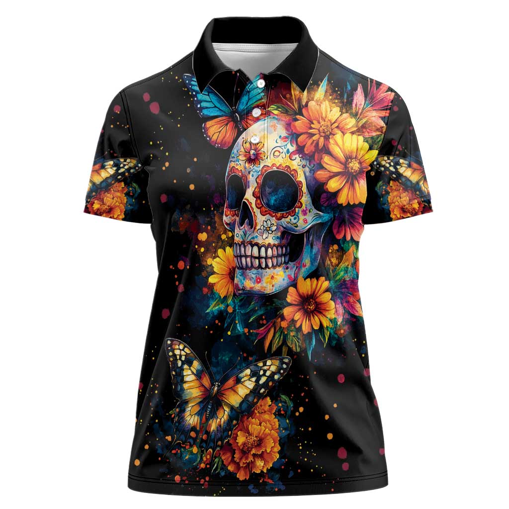 Mexican La Calaca and Marigold Flowers Women Polo Shirt Skull Day Of The Dead - Wonder Print Shop
