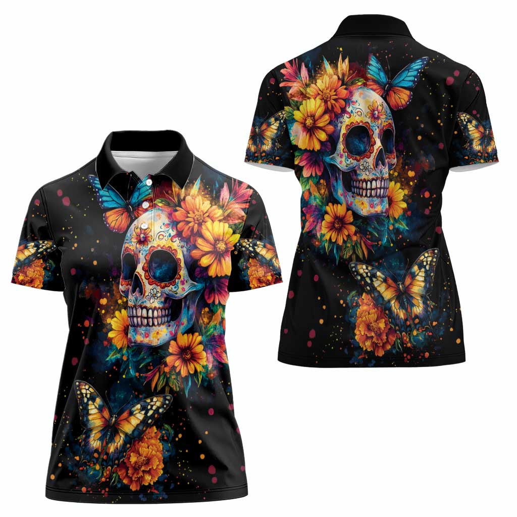 Mexican La Calaca and Marigold Flowers Women Polo Shirt Skull Day Of The Dead - Wonder Print Shop