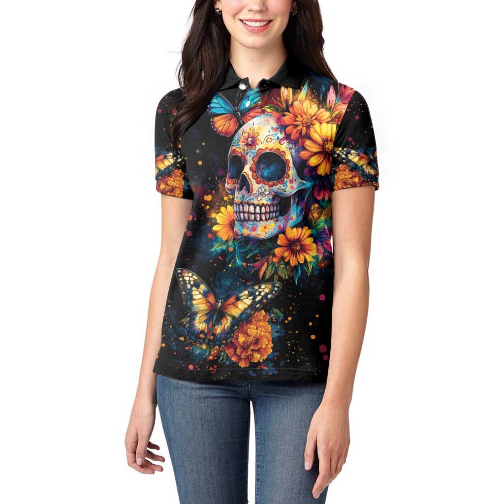 Mexican La Calaca and Marigold Flowers Women Polo Shirt Skull Day Of The Dead - Wonder Print Shop