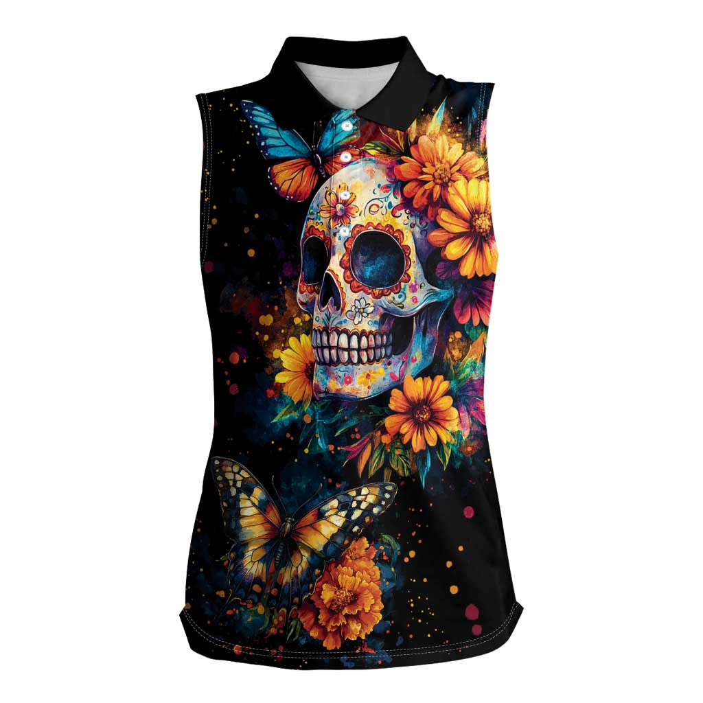 Mexican La Calaca and Marigold Flowers Women Sleeveless Polo Shirt Skull Day Of The Dead - Wonder Print Shop