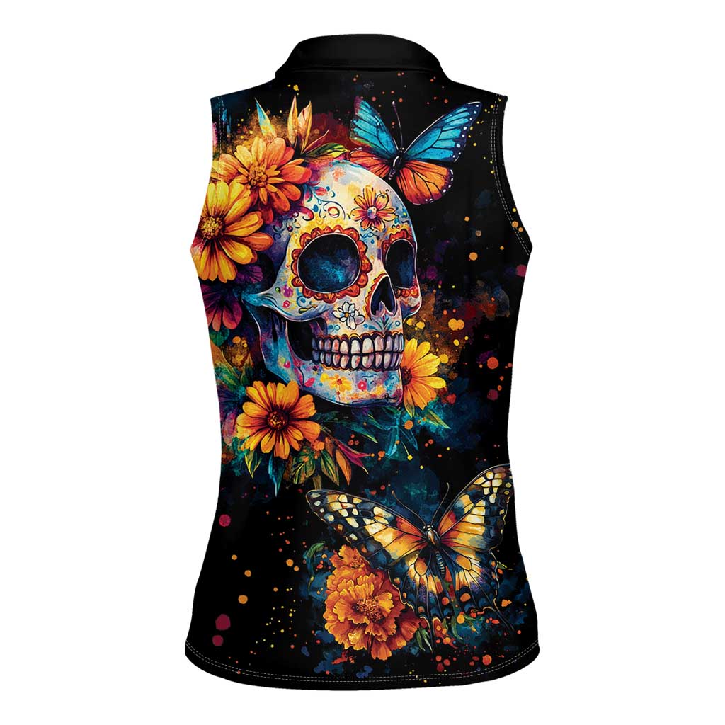 Mexican La Calaca and Marigold Flowers Women Sleeveless Polo Shirt Skull Day Of The Dead - Wonder Print Shop