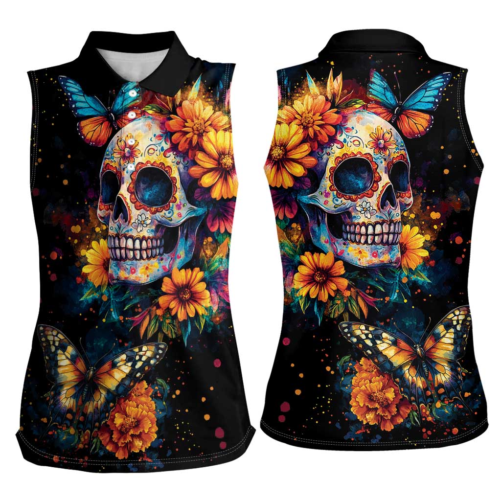 Mexican La Calaca and Marigold Flowers Women Sleeveless Polo Shirt Skull Day Of The Dead - Wonder Print Shop