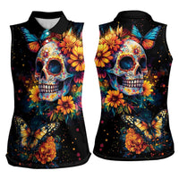 Mexican La Calaca and Marigold Flowers Women Sleeveless Polo Shirt Skull Day Of The Dead - Wonder Print Shop