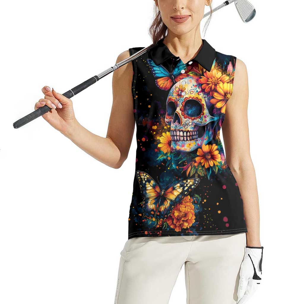 Mexican La Calaca and Marigold Flowers Women Sleeveless Polo Shirt Skull Day Of The Dead - Wonder Print Shop