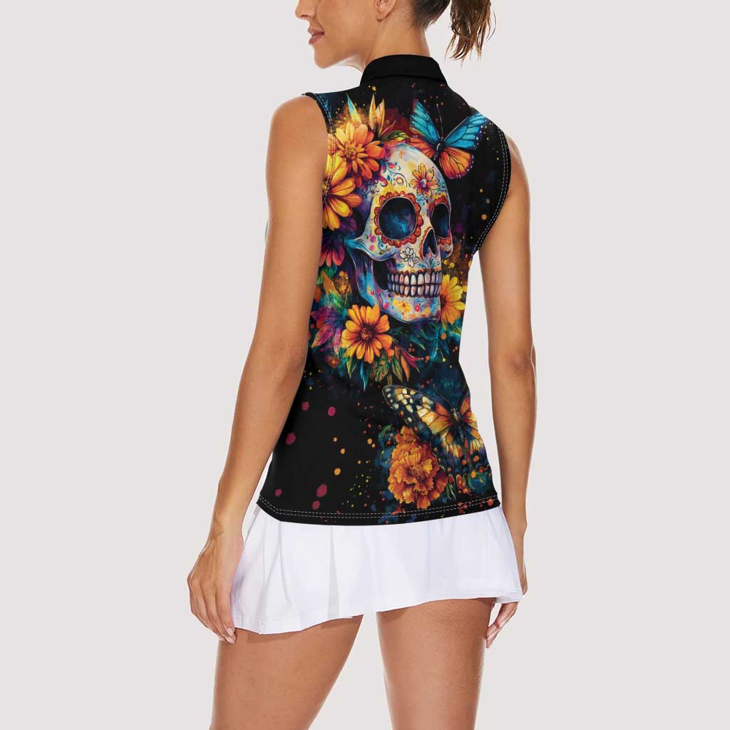 Mexican La Calaca and Marigold Flowers Women Sleeveless Polo Shirt Skull Day Of The Dead - Wonder Print Shop