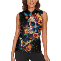 Mexican La Calaca and Marigold Flowers Women Sleeveless Polo Shirt Skull Day Of The Dead - Wonder Print Shop