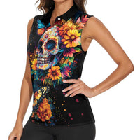 Mexican La Calaca and Marigold Flowers Women Sleeveless Polo Shirt Skull Day Of The Dead - Wonder Print Shop