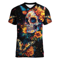 Mexican La Calaca and Marigold Flowers Women V-Neck T-Shirt Skull Day Of The Dead - Wonder Print Shop