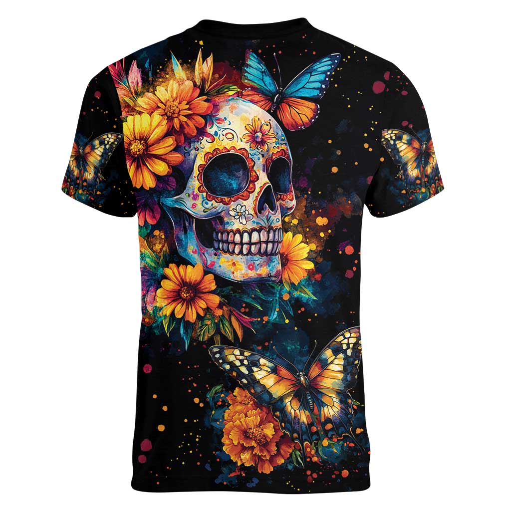 Mexican La Calaca and Marigold Flowers Women V-Neck T-Shirt Skull Day Of The Dead - Wonder Print Shop