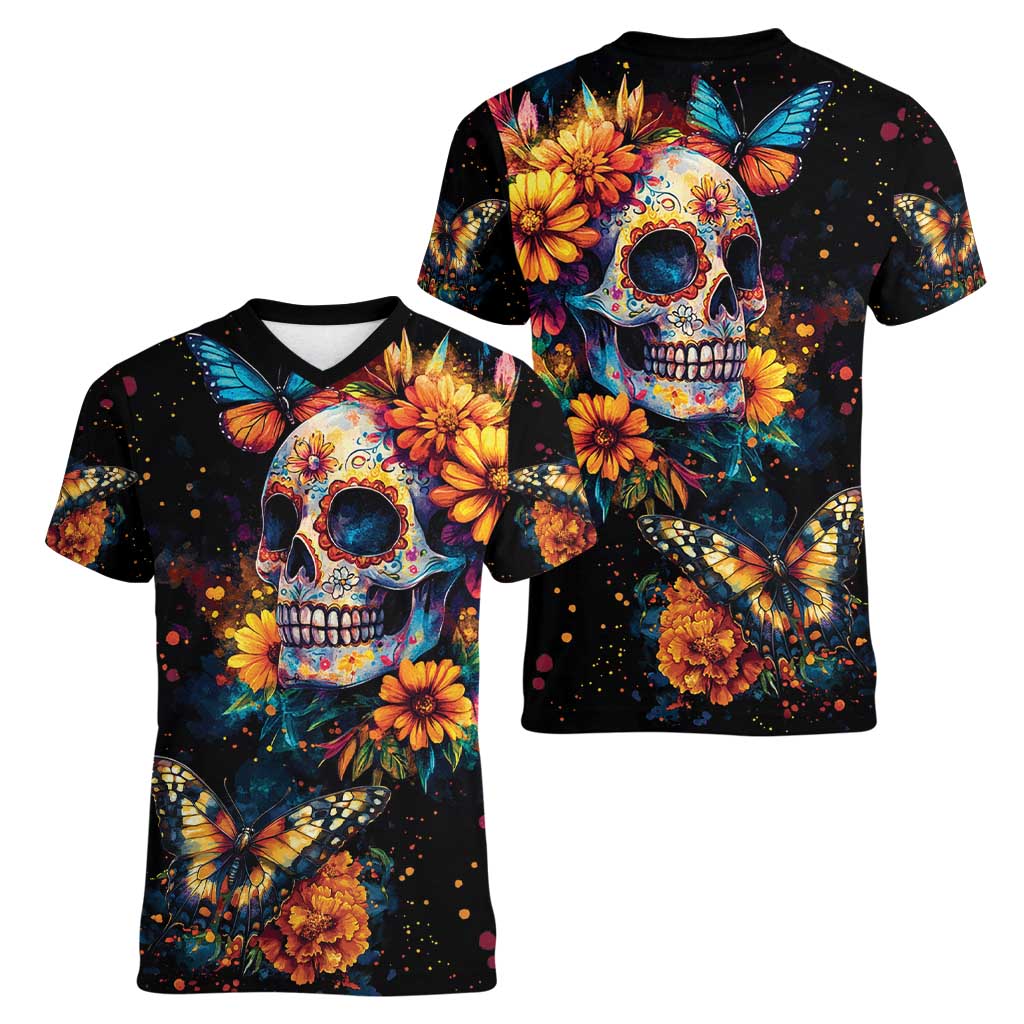 Mexican La Calaca and Marigold Flowers Women V-Neck T-Shirt Skull Day Of The Dead - Wonder Print Shop