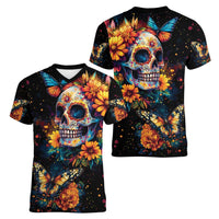 Mexican La Calaca and Marigold Flowers Women V-Neck T-Shirt Skull Day Of The Dead - Wonder Print Shop