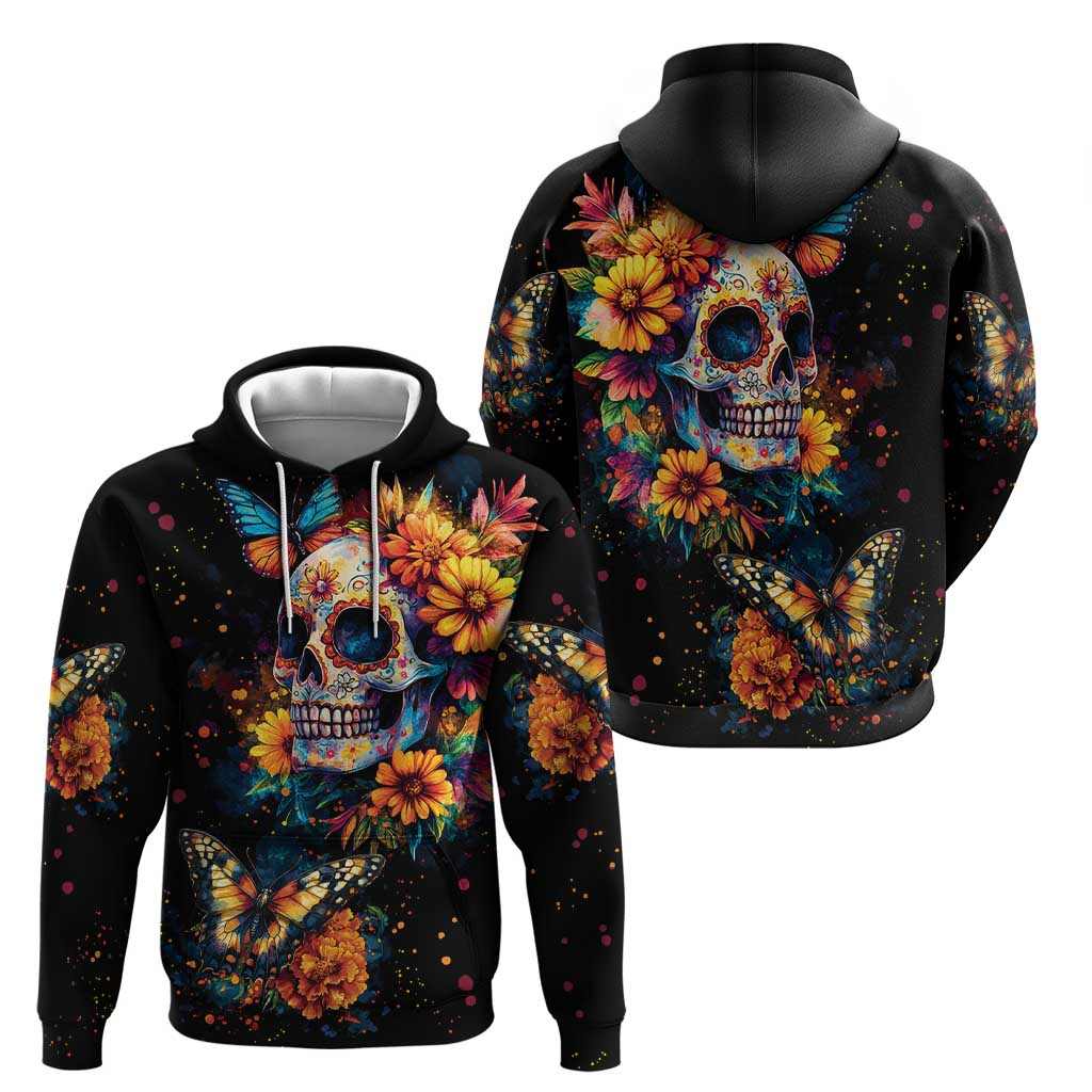 Mexican La Calaca and Marigold Flowers Zip Hoodie Skull Day Of The Dead - Wonder Print Shop