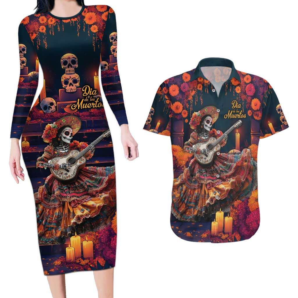 Mexican La Catrina Skeletons Dancing Couples Matching Long Sleeve Bodycon Dress and Hawaiian Shirt Dia de Los Muertos Verion 1 LT9 - Wonder Print Shop