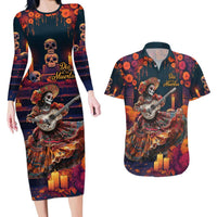 Mexican La Catrina Skeletons Dancing Couples Matching Long Sleeve Bodycon Dress and Hawaiian Shirt Dia de Los Muertos Verion 1 LT9 - Wonder Print Shop
