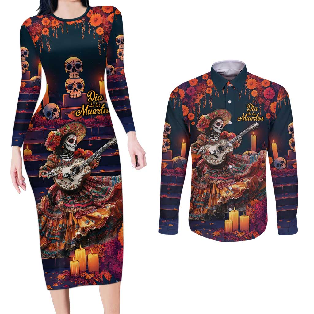 Mexican La Catrina Skeletons Dancing Couples Matching Long Sleeve Bodycon Dress and Long Sleeve Button Shirt Dia de Los Muertos Verion 1 LT9 - Wonder Print Shop