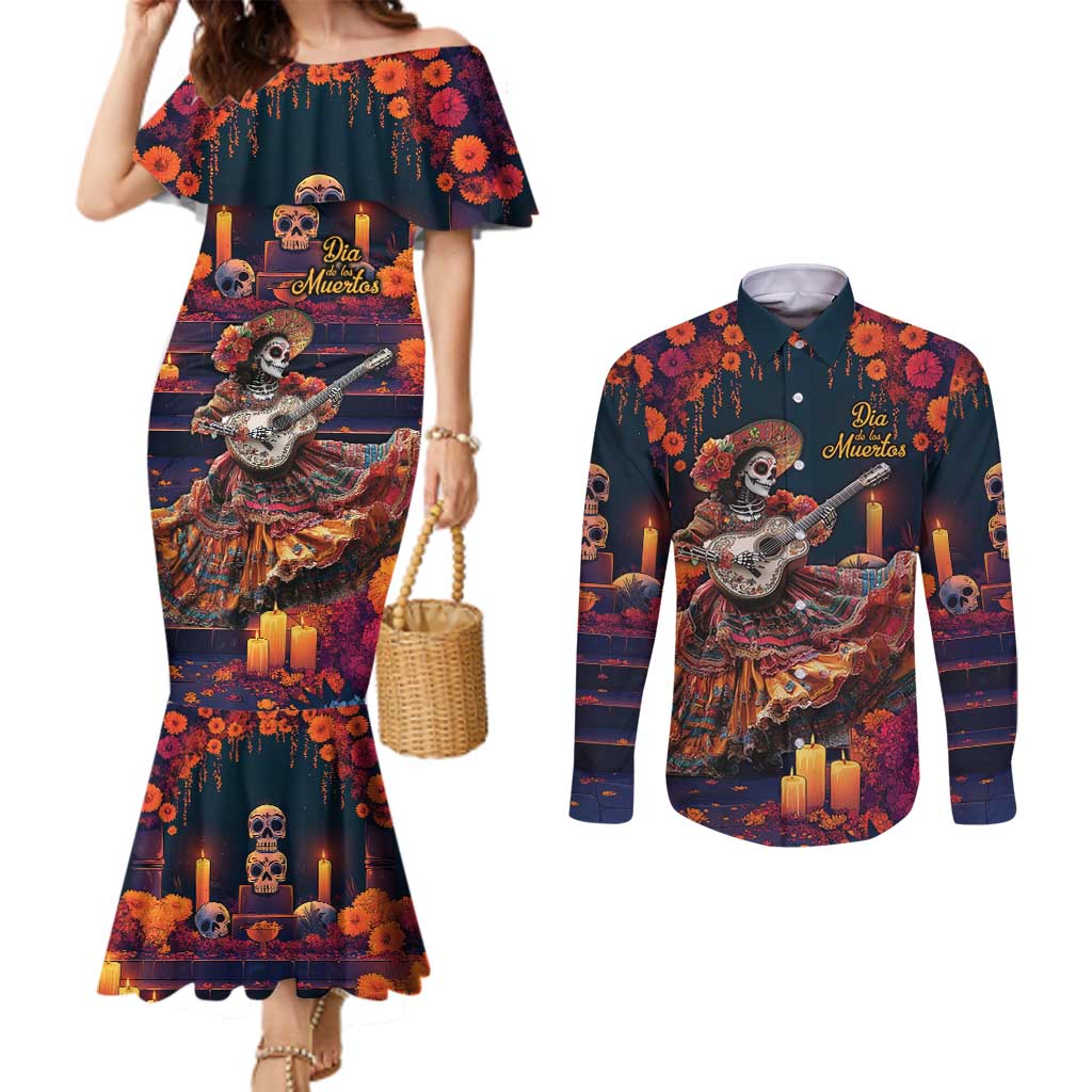 Mexican La Catrina Skeletons Dancing Couples Matching Mermaid Dress and Long Sleeve Button Shirt Dia de Los Muertos Verion 1