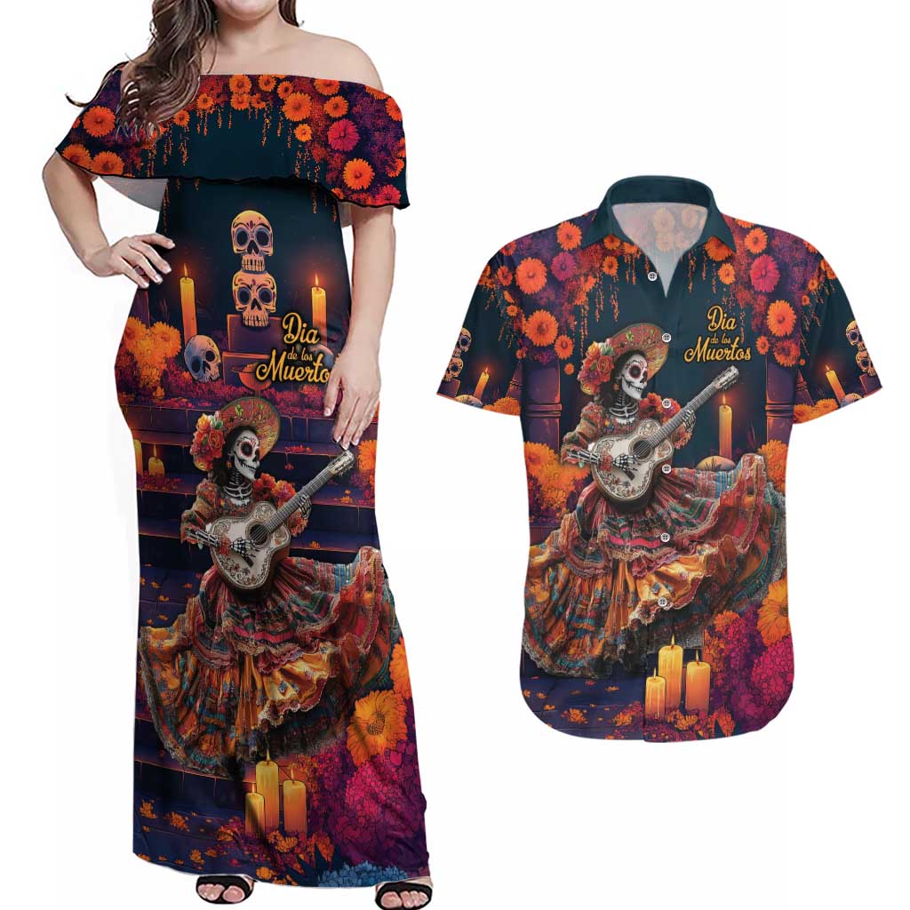 Mexican La Catrina Skeletons Dancing Couples Matching Off Shoulder Maxi Dress and Hawaiian Shirt Dia de Los Muertos Verion 1 LT9 - Wonder Print Shop