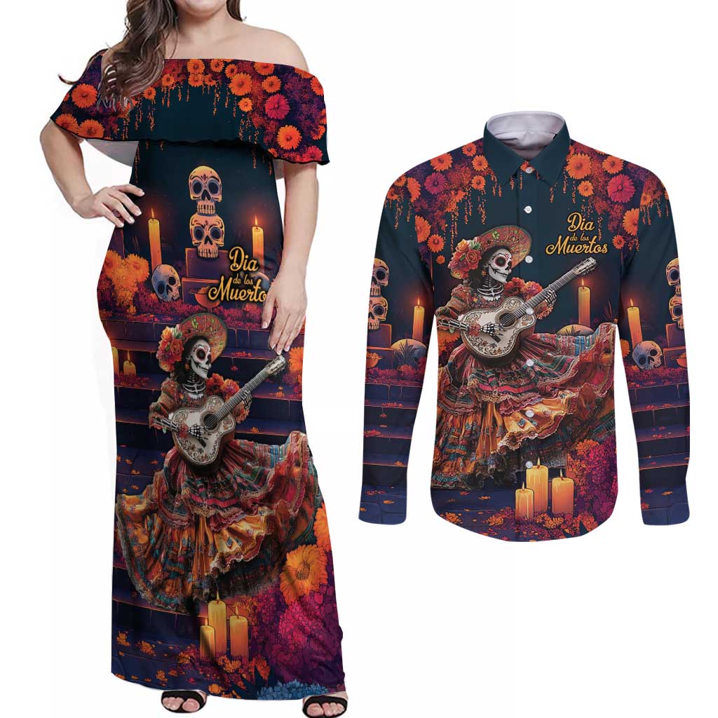 Mexican La Catrina Skeletons Dancing Couples Matching Off Shoulder Maxi Dress and Long Sleeve Button Shirt Dia de Los Muertos Verion 1 LT9 - Wonder Print Shop