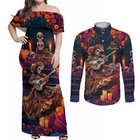 Mexican La Catrina Skeletons Dancing Couples Matching Off Shoulder Maxi Dress and Long Sleeve Button Shirt Dia de Los Muertos Verion 1 LT9 - Wonder Print Shop