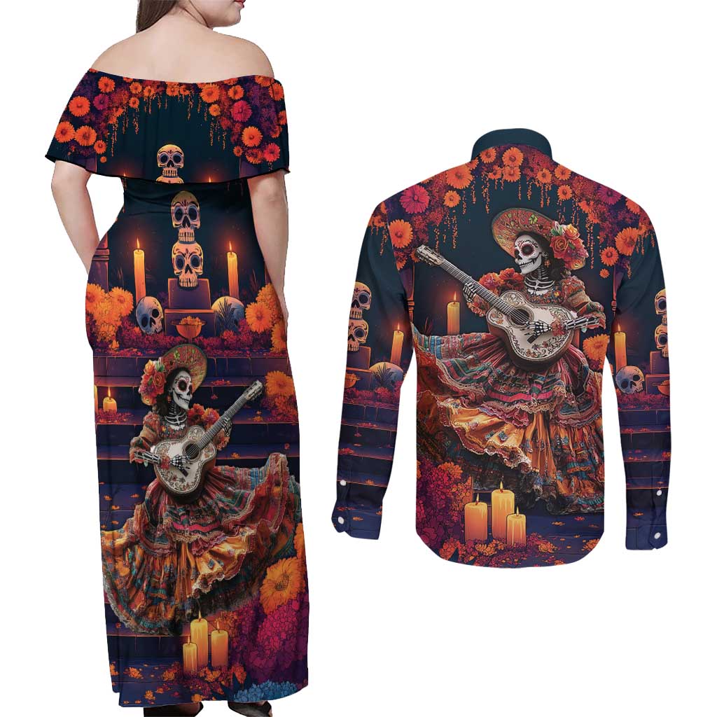 Mexican La Catrina Skeletons Dancing Couples Matching Off Shoulder Maxi Dress and Long Sleeve Button Shirt Dia de Los Muertos Verion 1 LT9 - Wonder Print Shop