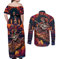 Mexican La Catrina Skeletons Dancing Couples Matching Off Shoulder Maxi Dress and Long Sleeve Button Shirt Dia de Los Muertos Verion 1 LT9 - Wonder Print Shop