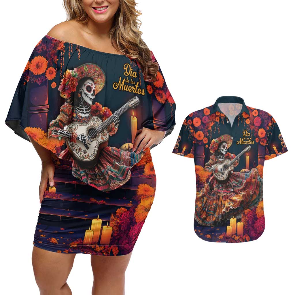 Mexican La Catrina Skeletons Dancing Couples Matching Off Shoulder Short Dress and Hawaiian Shirt Dia de Los Muertos Verion 1 LT9 - Wonder Print Shop