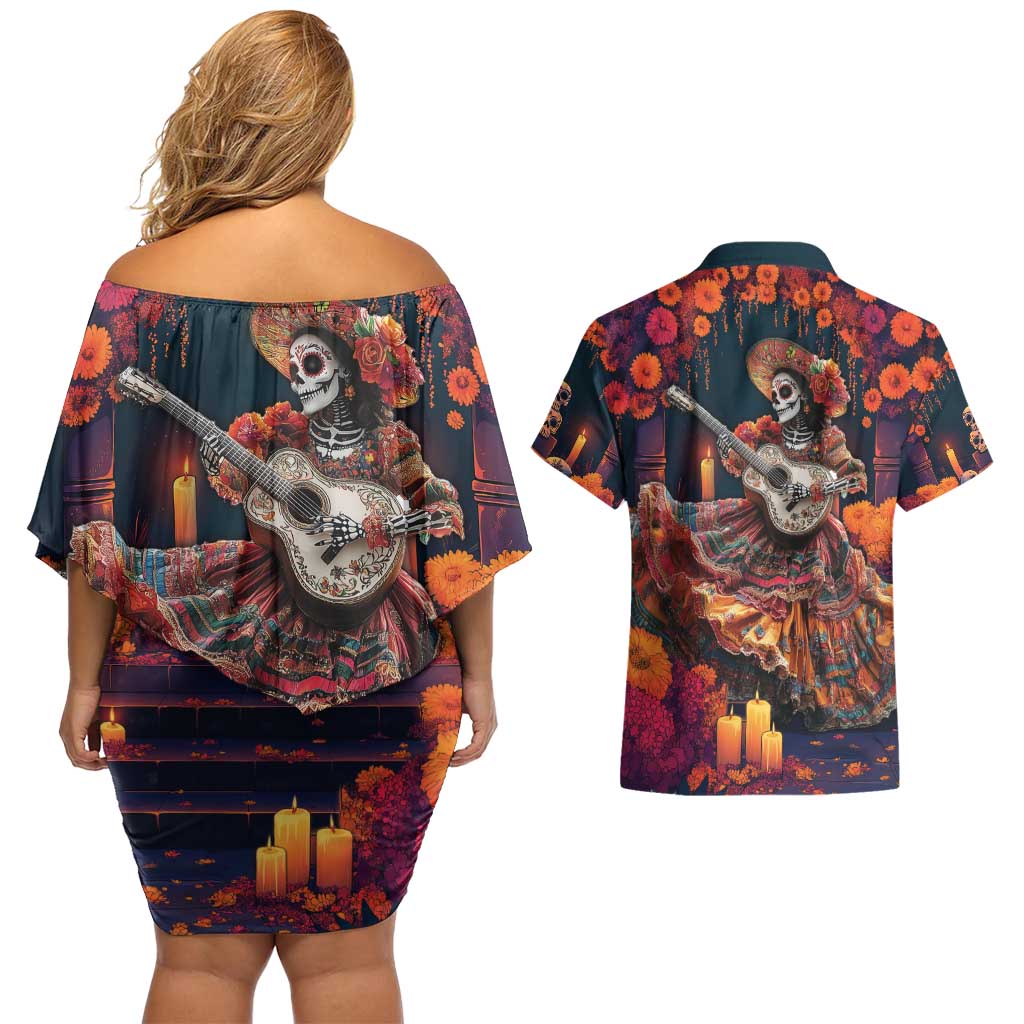 Mexican La Catrina Skeletons Dancing Couples Matching Off Shoulder Short Dress and Hawaiian Shirt Dia de Los Muertos Verion 1 LT9 - Wonder Print Shop