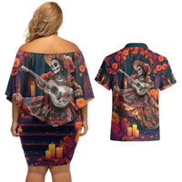 Mexican La Catrina Skeletons Dancing Couples Matching Off Shoulder Short Dress and Hawaiian Shirt Dia de Los Muertos Verion 1 LT9 - Wonder Print Shop