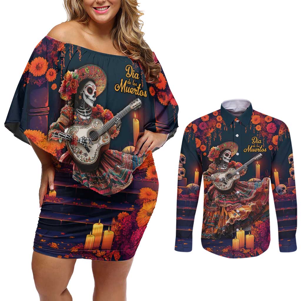 Mexican La Catrina Skeletons Dancing Couples Matching Off Shoulder Short Dress and Long Sleeve Button Shirt Dia de Los Muertos Verion 1 LT9 - Wonder Print Shop