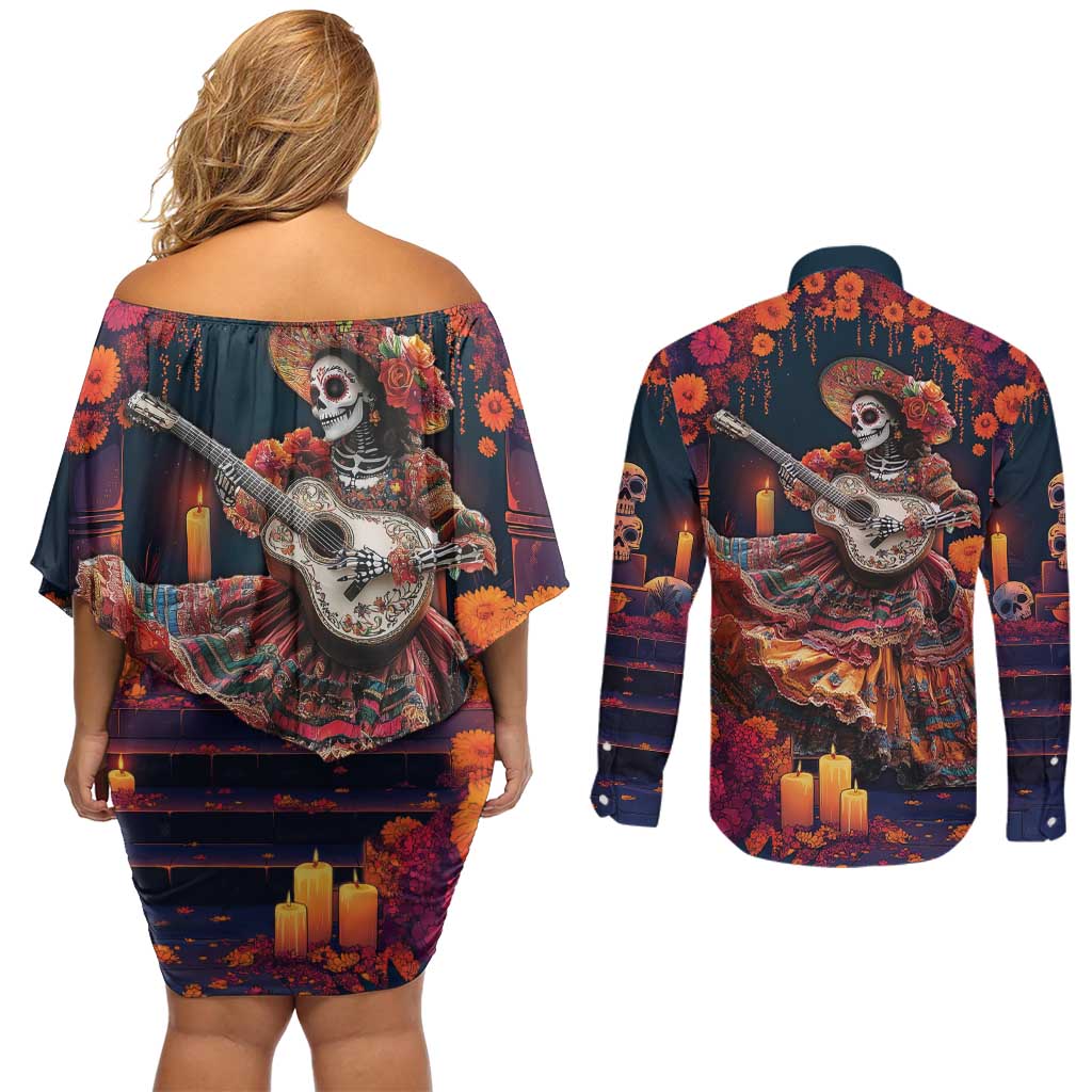 Mexican La Catrina Skeletons Dancing Couples Matching Off Shoulder Short Dress and Long Sleeve Button Shirt Dia de Los Muertos Verion 1 LT9 - Wonder Print Shop