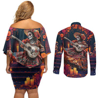 Mexican La Catrina Skeletons Dancing Couples Matching Off Shoulder Short Dress and Long Sleeve Button Shirt Dia de Los Muertos Verion 1 LT9 - Wonder Print Shop