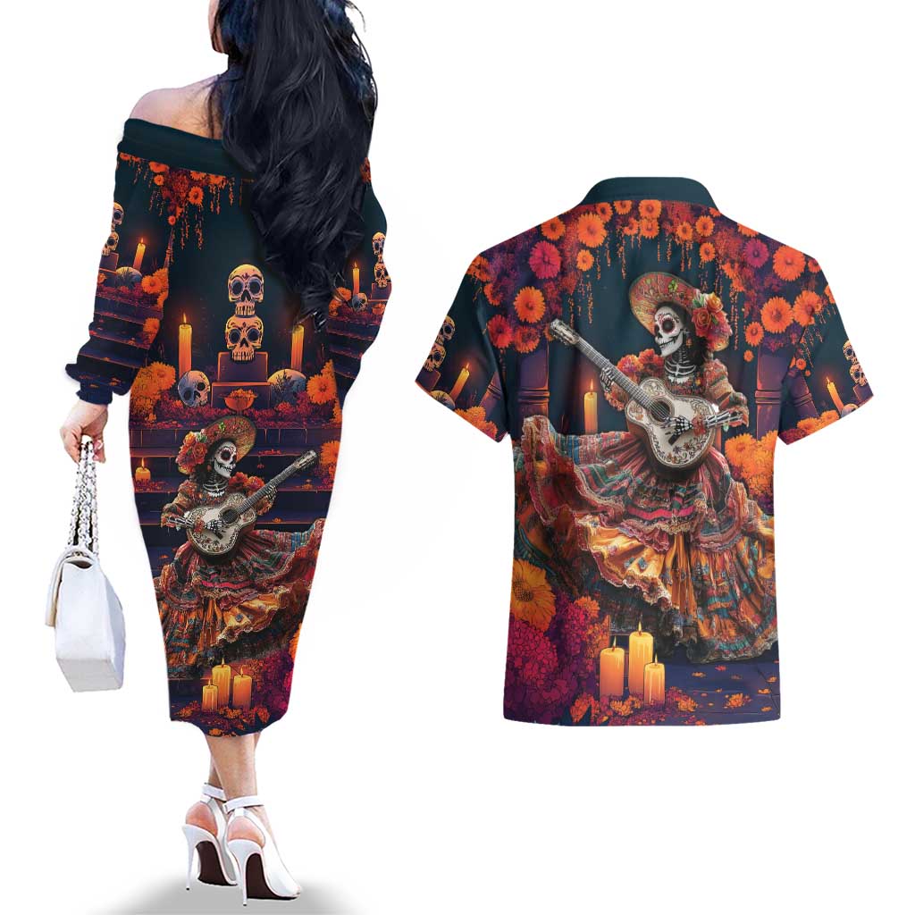 Mexican La Catrina Skeletons Dancing Couples Matching Off The Shoulder Long Sleeve Dress and Hawaiian Shirt Dia de Los Muertos Verion 1 LT9 - Wonder Print Shop