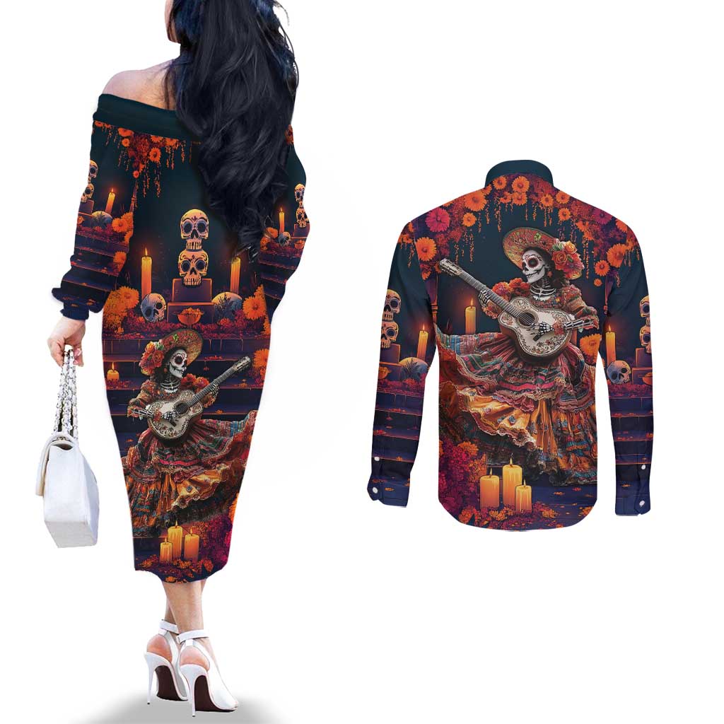 Mexican La Catrina Skeletons Dancing Couples Matching Off The Shoulder Long Sleeve Dress and Long Sleeve Button Shirt Dia de Los Muertos Verion 1